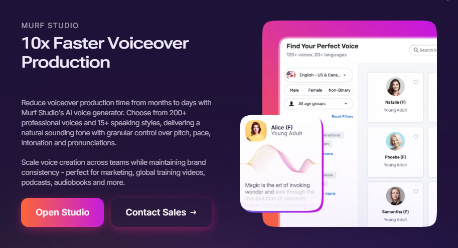Murf Studio dashboard showing voice selection and voiceover controls — AI tool for small business audio production