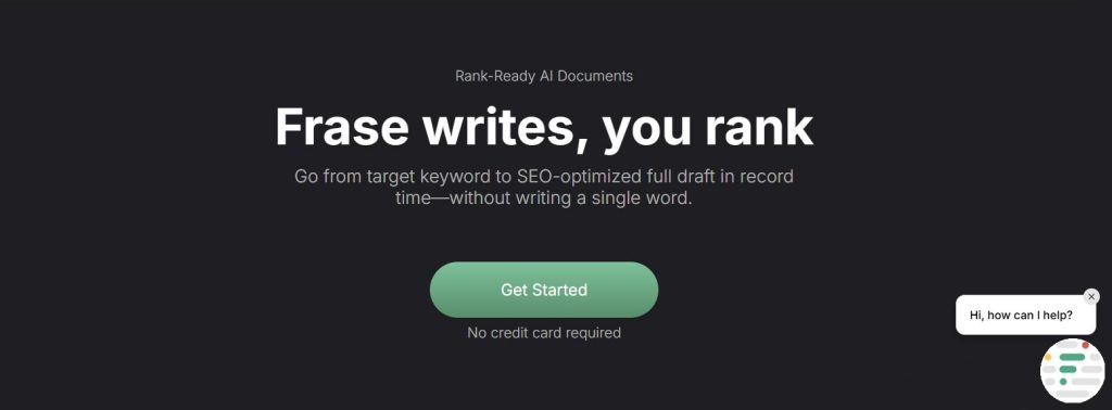 Frase dashboard showing SEO content generation interface — an AI tool for small businesses focused on search optimization.