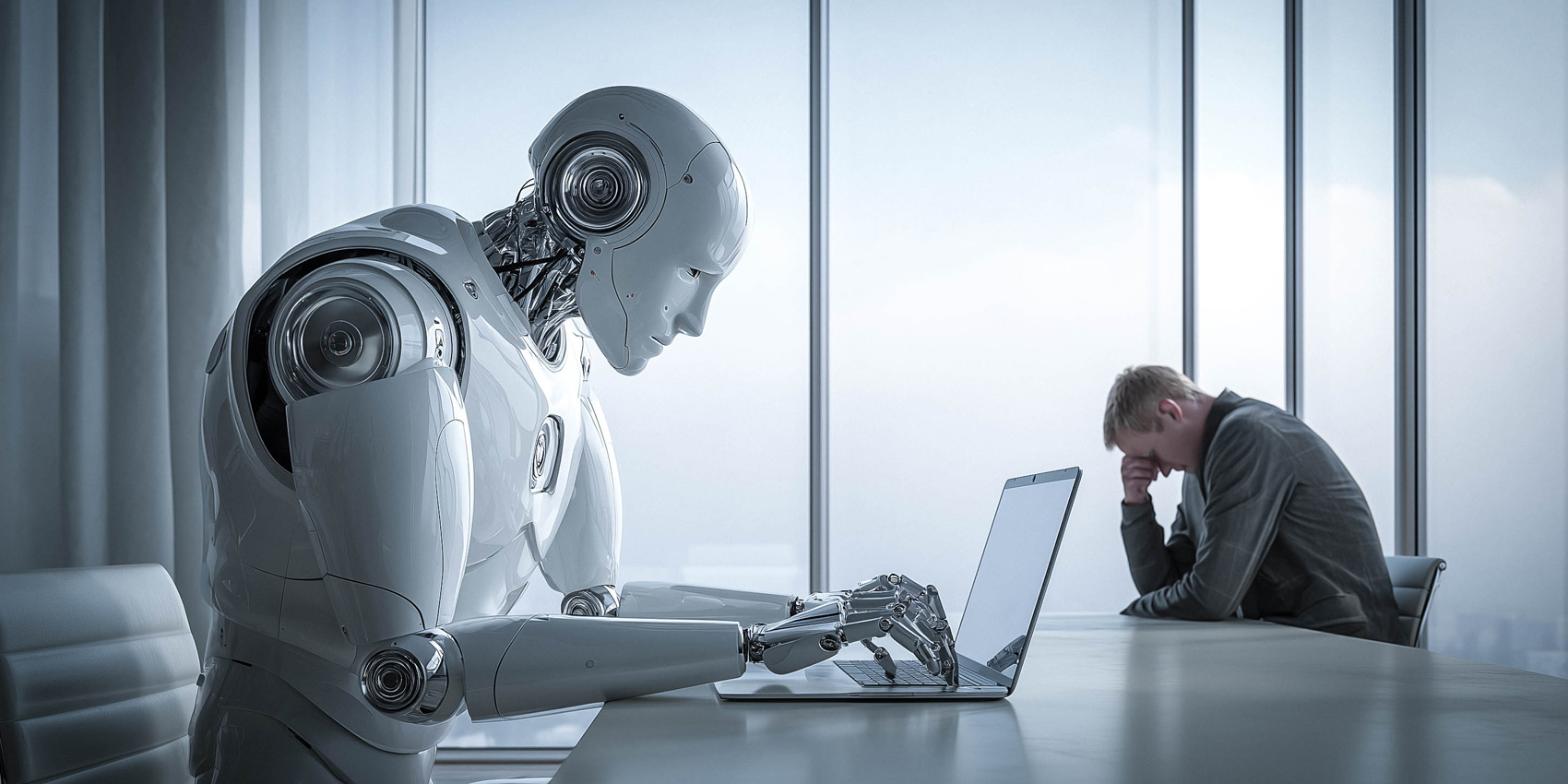 Humanoid robot typing on a laptop, symbolizing AI replacing human jobs