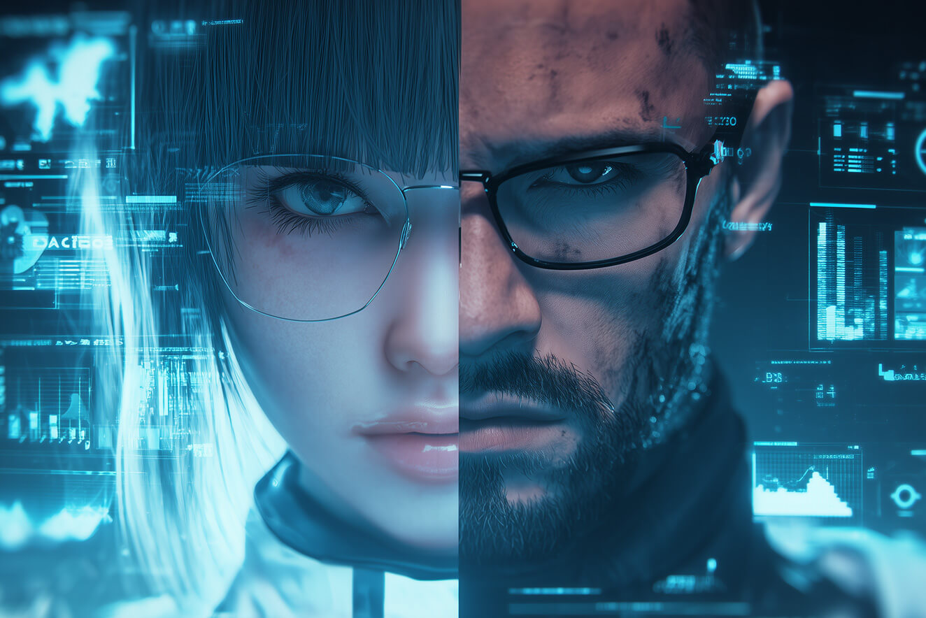 Visual personas of Grok 4 AI assistant: anime-style girl avatar and serious male coder in futuristic split-screen interface