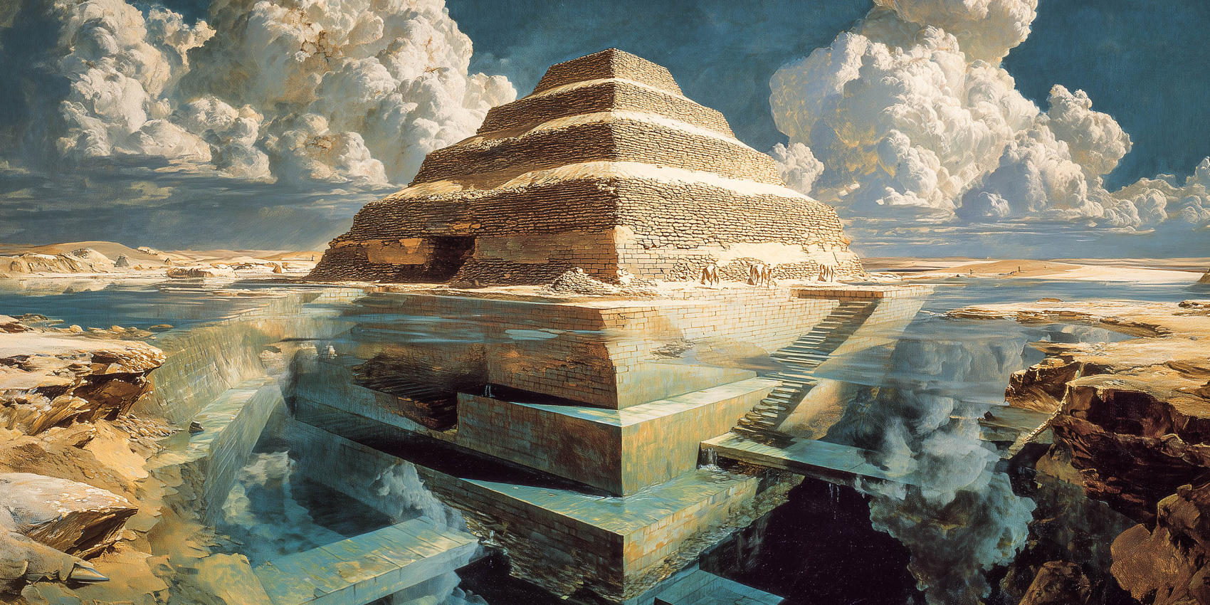 AI how pyramids were built – realistic view of a newly constructed ancient Egyptian pyramid surrounded by water and surreal desert landscape