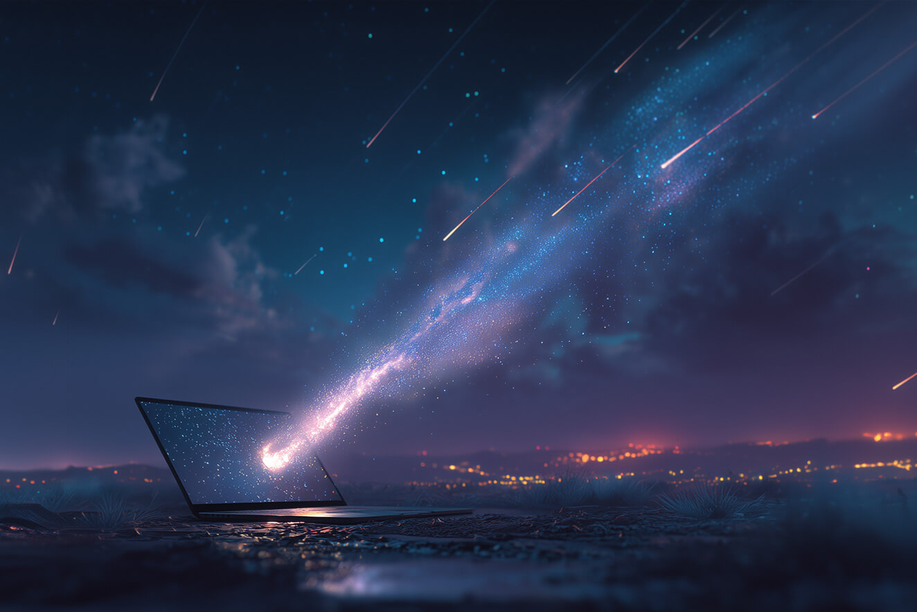 AI-driven web browser Perplexity Comet visualized as a glowing comet emerging from a laptop under a starry sky