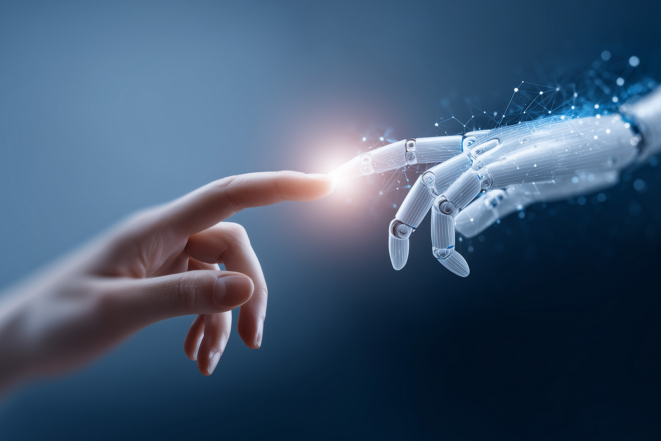 Human hand touching robotic hand, symbolizing connection and automation in Open AI Agent Builder
