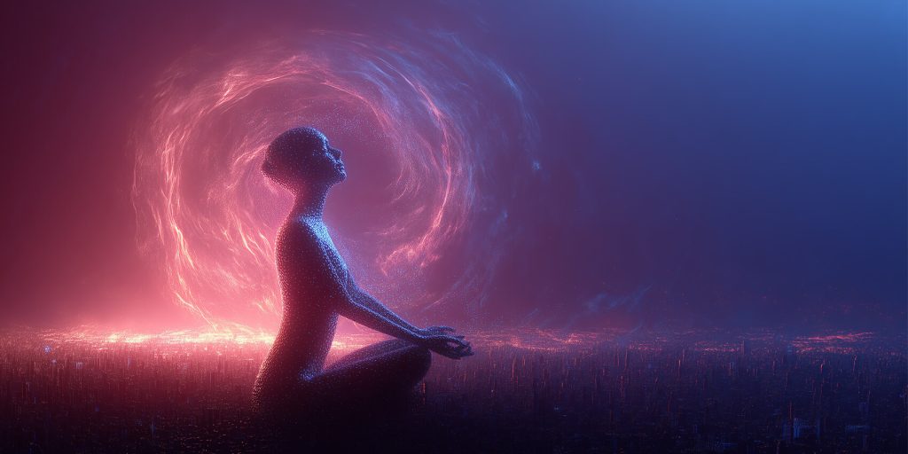 Meditating human figure glowing with energy, representing balance between mind and AI for mental health support
