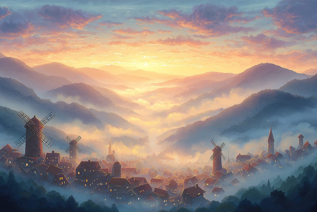Ghibli-Style Environment Prompt – Studio Ghibli inspired village at sunrise