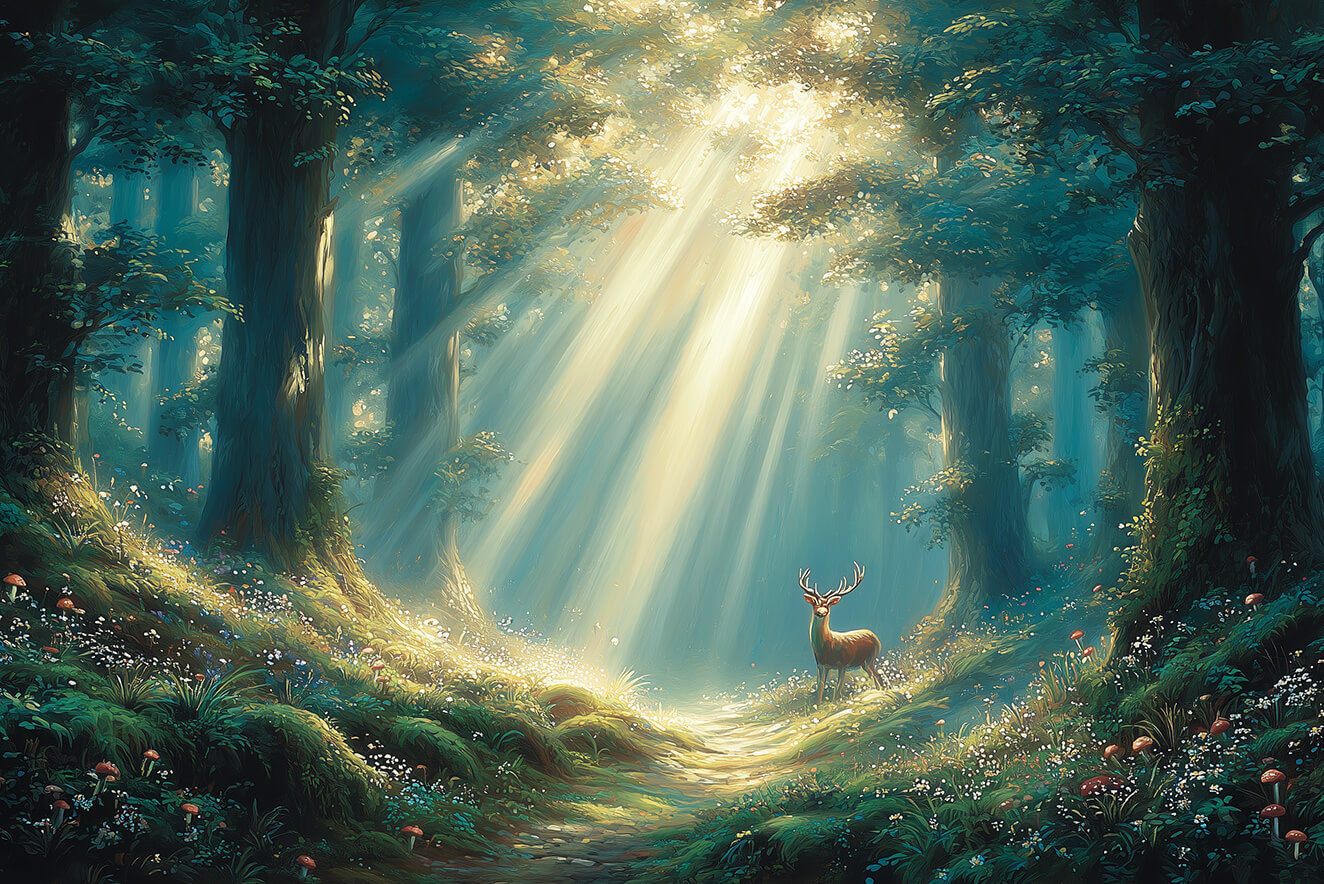 Dreamy forest scene with deer as an example of How to Make Studio Ghibli AI Art.