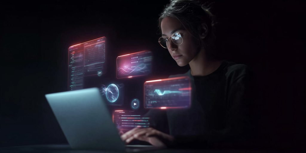 A futuristic scene of a woman working on a laptop with floating holographic panels showing coding, audio, visuals, and AI interactions, representing the power of Gemini 3 Google.