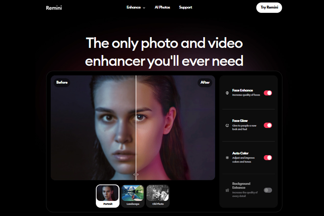 AI-enhanced portrait showing before and after results in Remini
