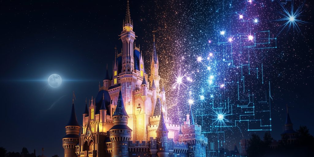 Disney OpenAI partnership visualized through a glowing castle merging with artificial intelligence