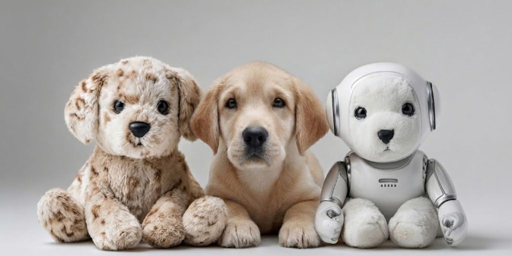 Real puppy sitting between a toy dog and a robotic puppy, illustrating the waggy ai dog trend.