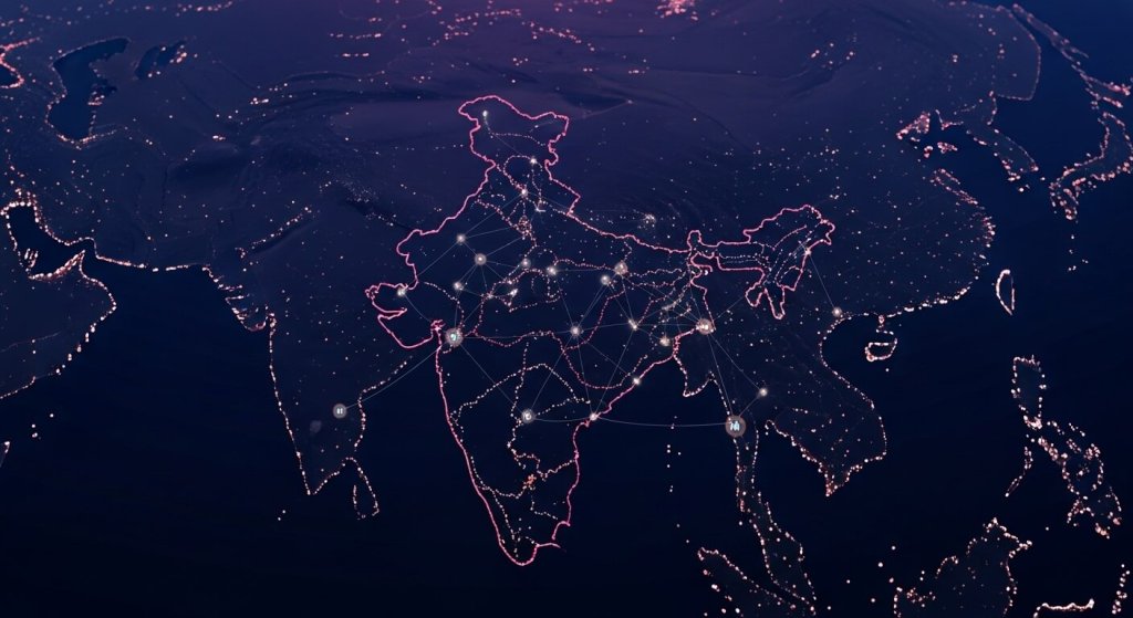 India AI Summit visualized through a satellite-style map showing AI infrastructure networks across India