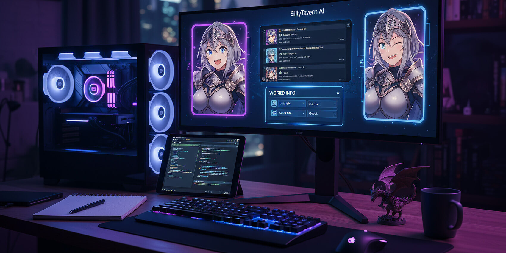 SillyTavern AI interface running on a local desktop setup with roleplay character panel and backend configuration visible