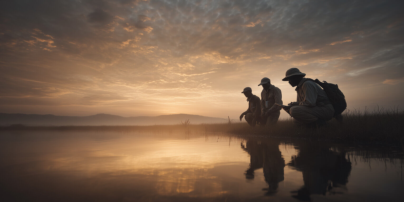 Field researchers testing water quality at sunset during a World Health Organization Water AI pilot program