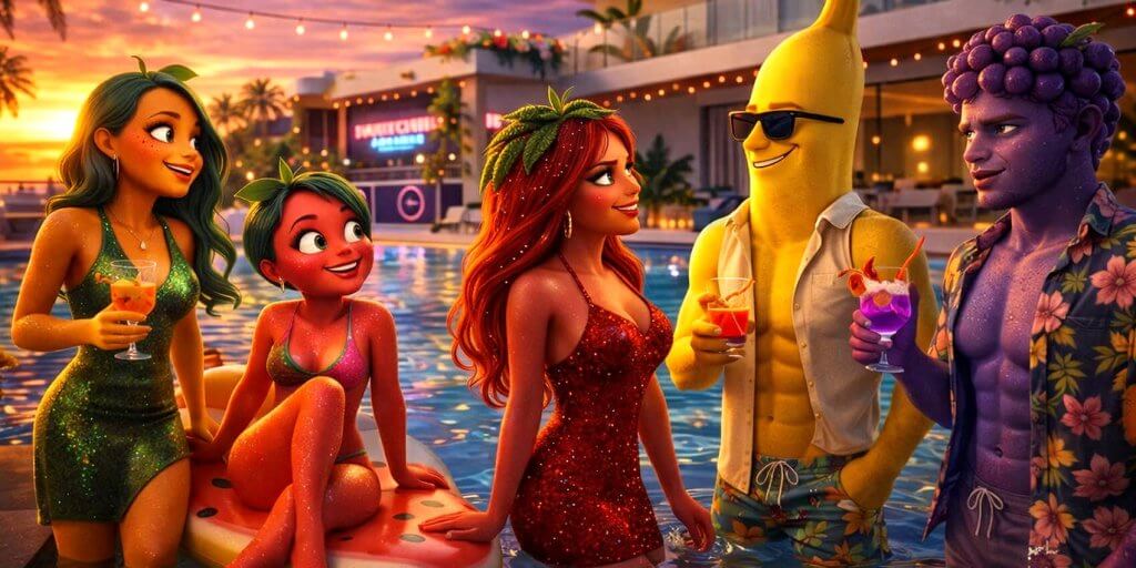 AI Fruit Love Island characters pool party scene with Strawberina Bananito Mangella Watermelina Grapenzo