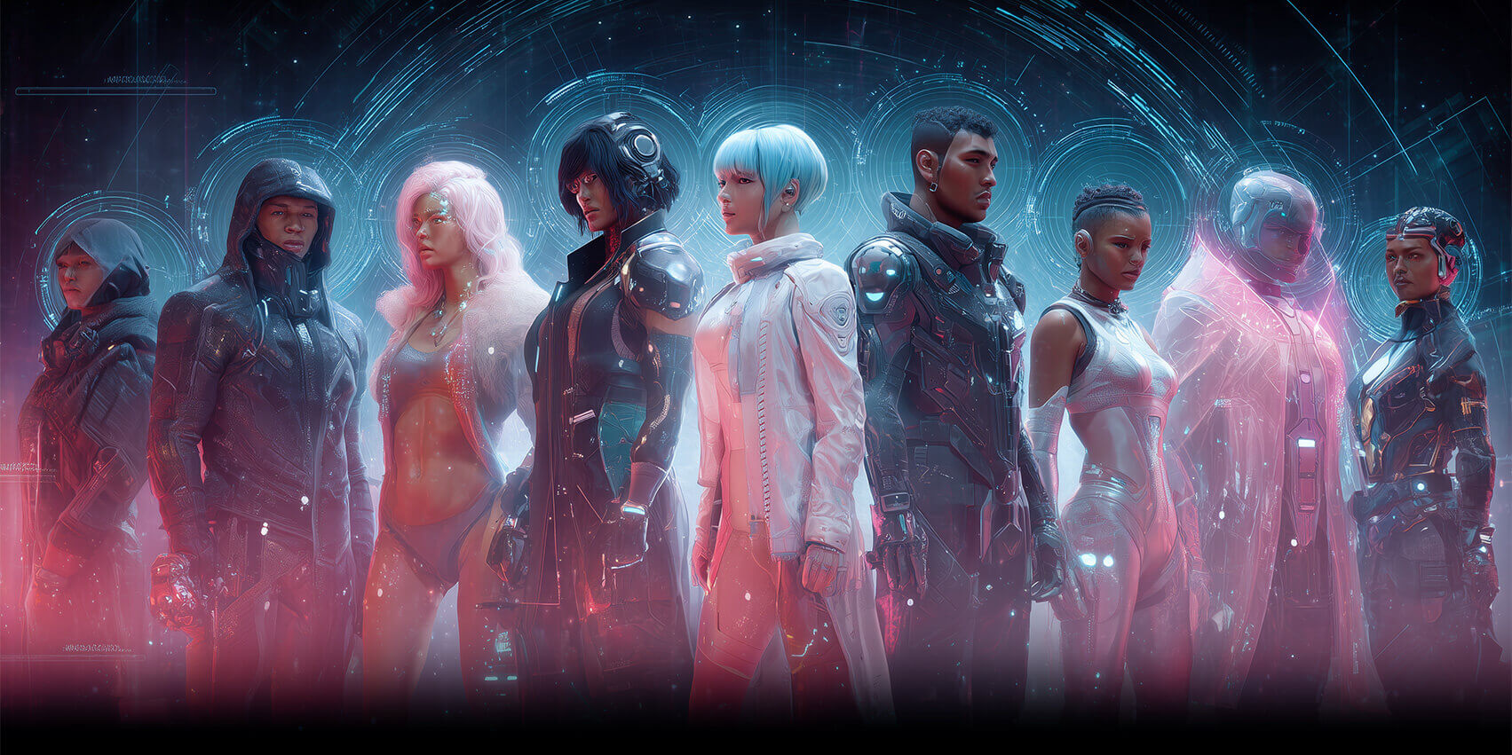 Futuristic AI characters representing Character AI alternatives and customizable AI companions