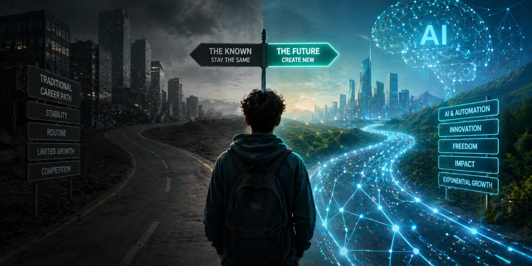 Gen Z individual standing at a career crossroads between traditional job path and AI-driven future with neural network visualization
