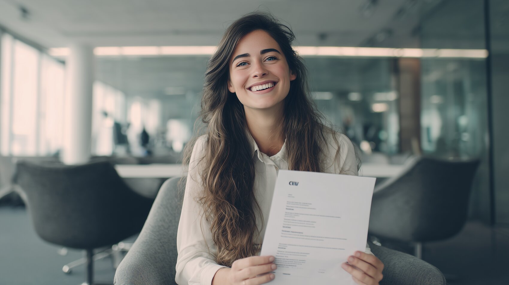 how to make a CV by AI: a smiling person holding an AI-generated resume in a modern office