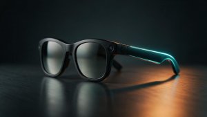 Luma AI glasses concept illustration: unbranded black camera sunglasses with a lens in the temple hinge on a dark surface