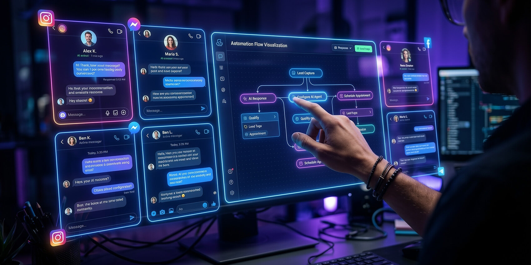 ManyChat review showing automation flow and AI chatbot conversations across social media platforms