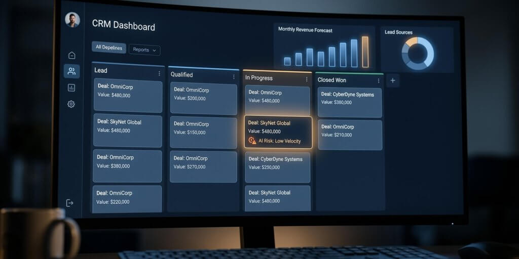 Zoho Zia AI detecting low velocity deal risk on CRM dashboard