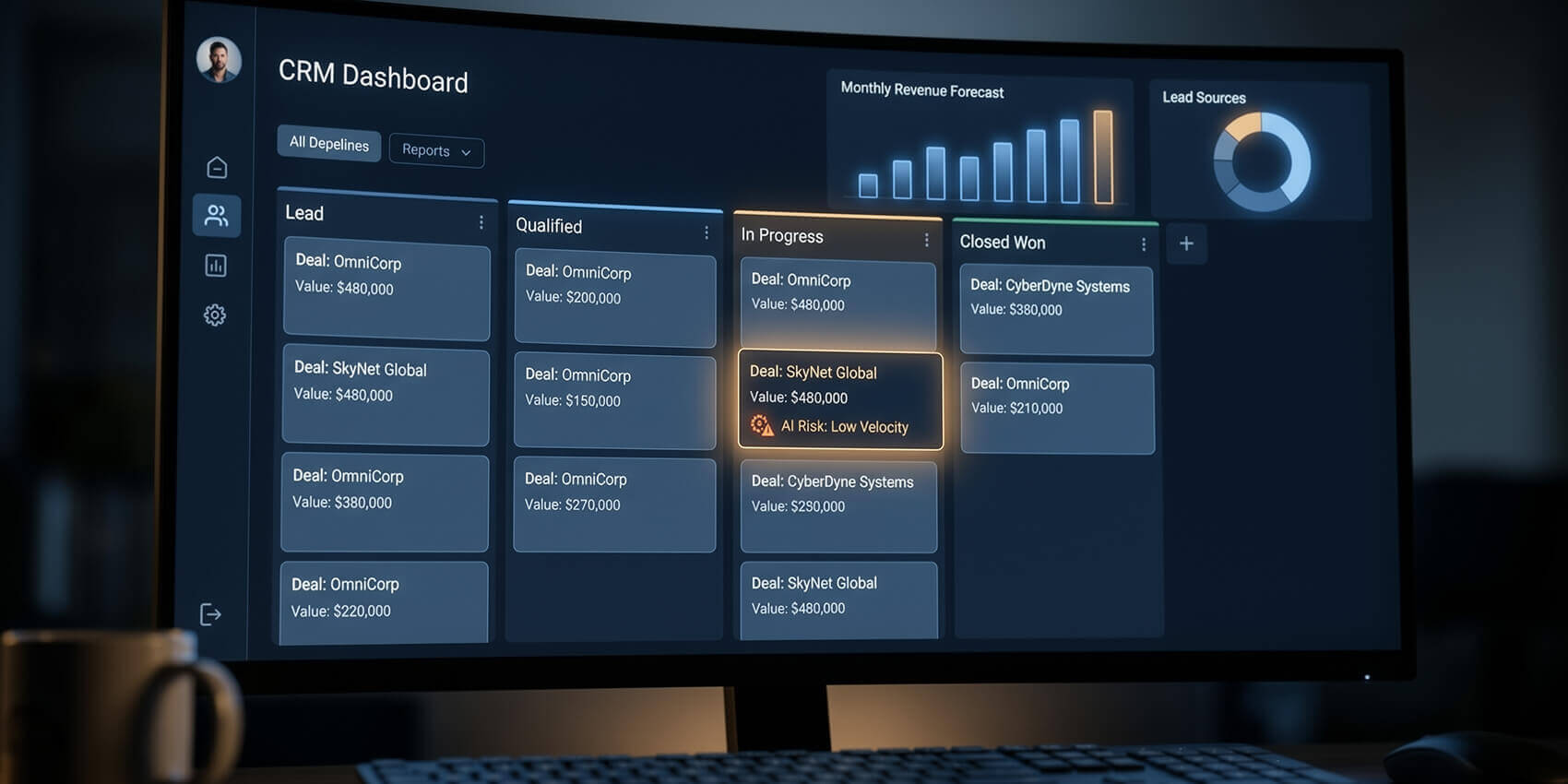 Zoho Zia AI detecting low velocity deal risk on CRM dashboard