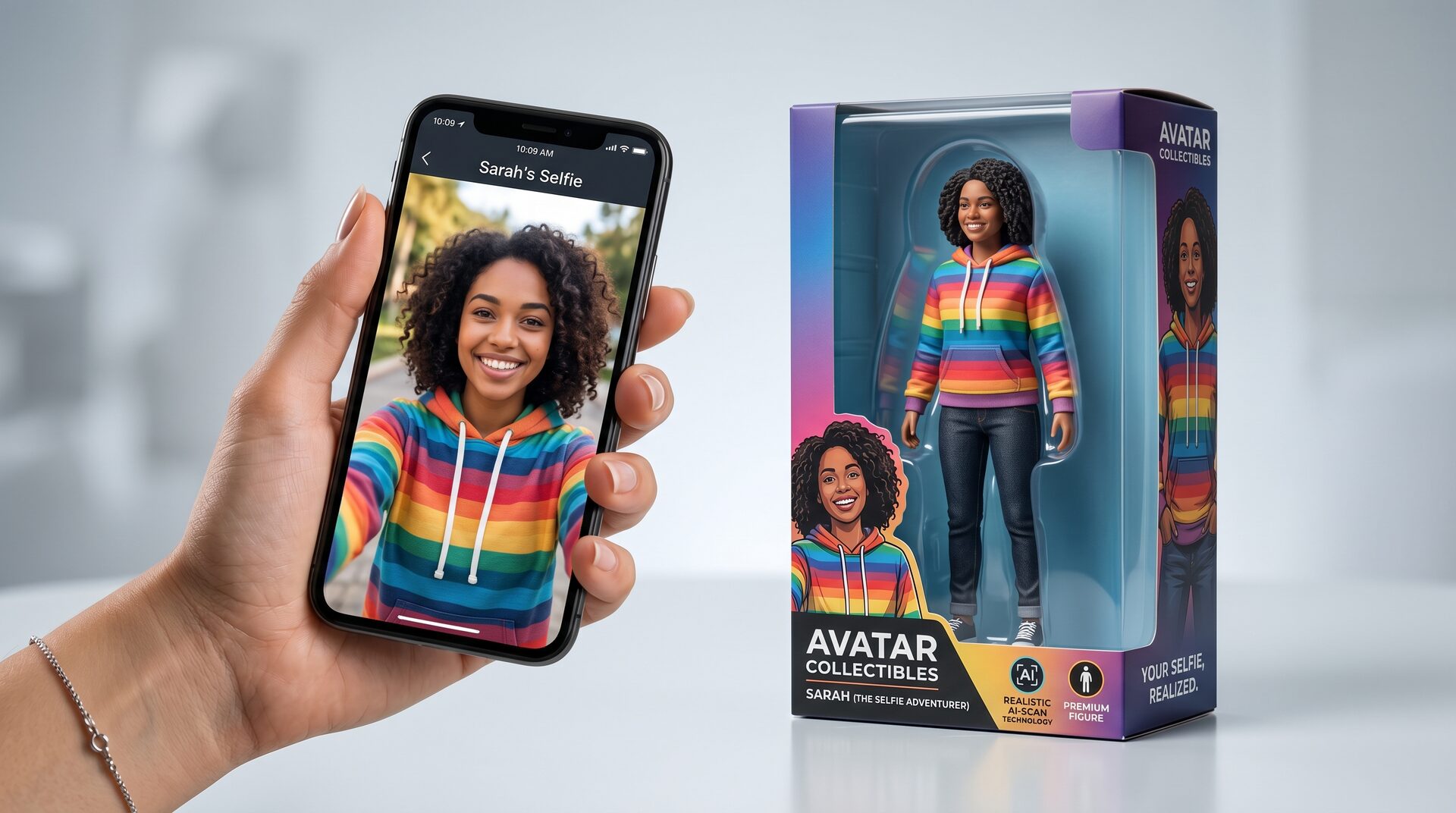 AI action figure prompt result: a phone selfie turned into a boxed collectible action figure