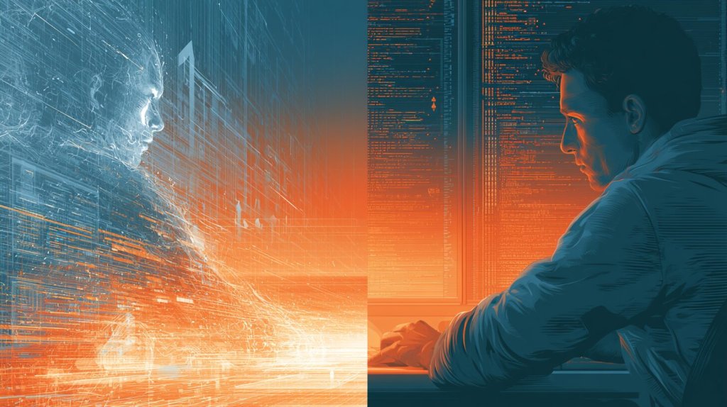 AI coding tools productivity impact concept: a developer at a screen beside a dissolving figure of streaming code
