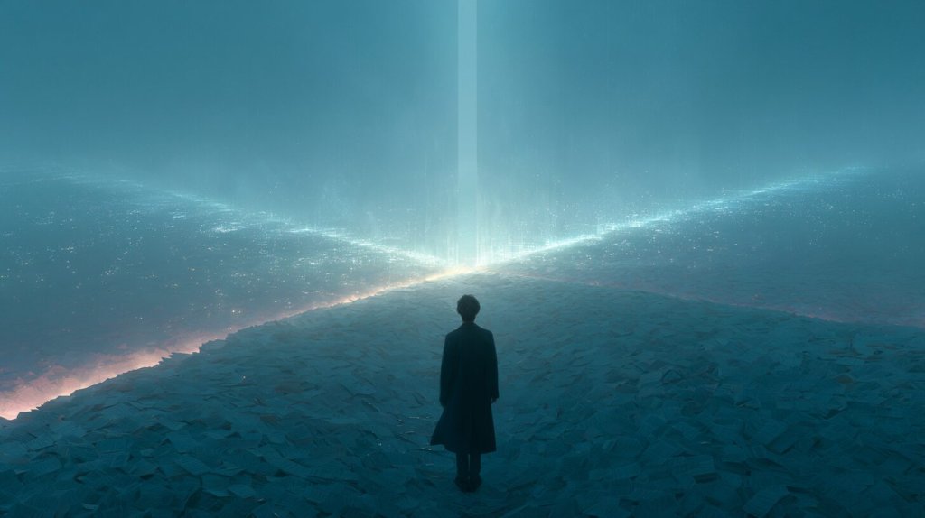 ai exam question prediction concept: a lone figure facing a glowing horizon, symbolizing forecasting the unknown of an exam