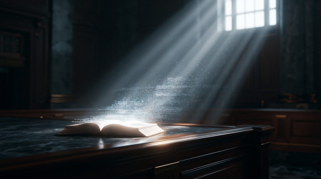 ai fake legal citations mississippi concept: a glowing law book in an empty courtroom with text dissolving into light