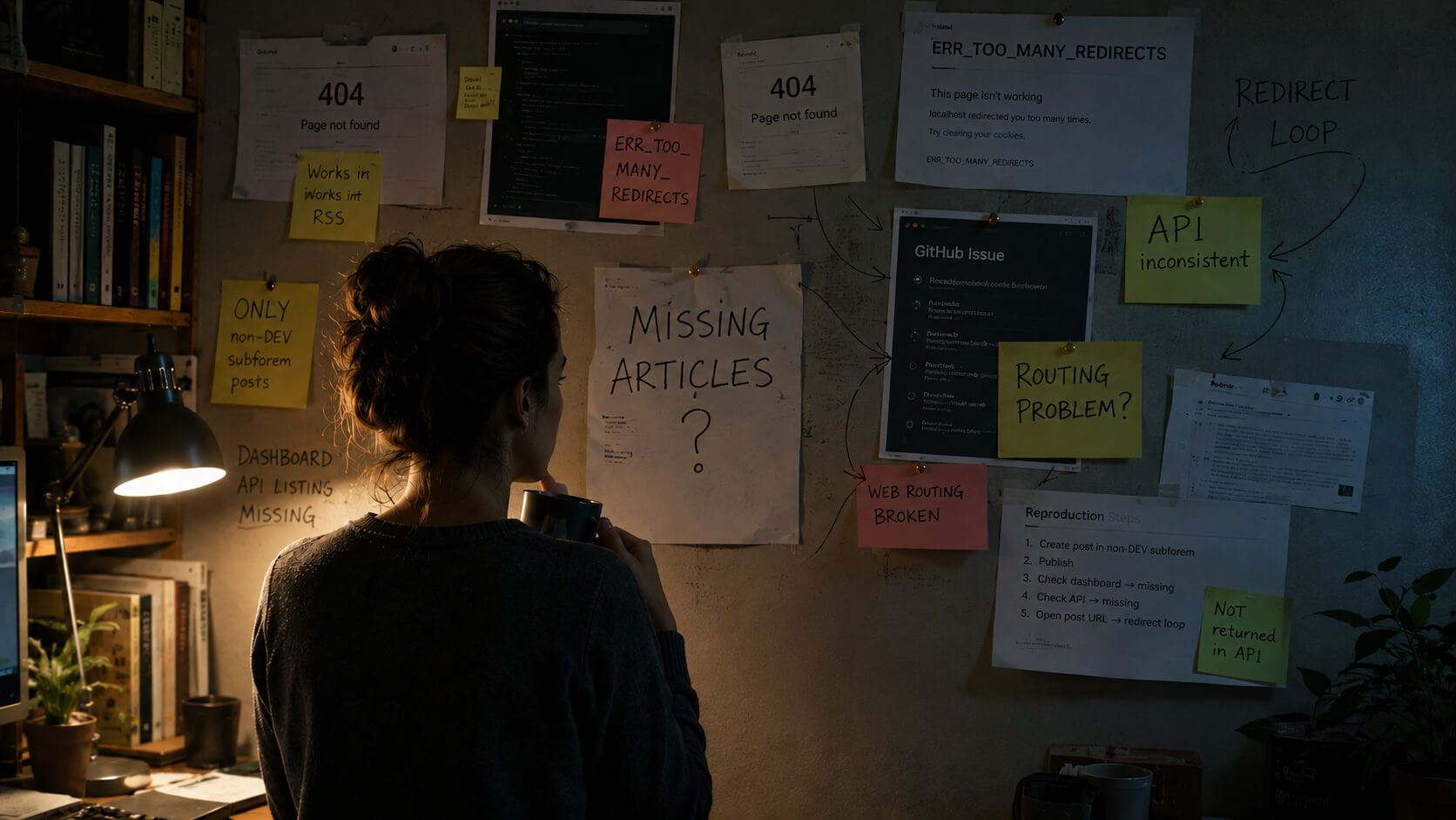 AI problem solving investigation of missing articles, redirect loops, API inconsistencies, and web routing issues