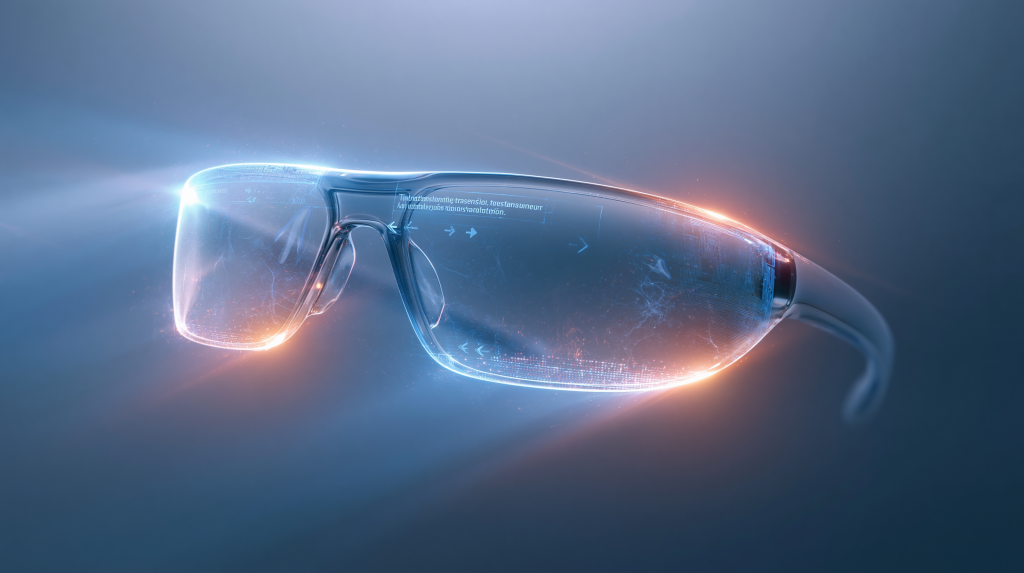 AI smart glasses concept: a sleek pair of futuristic smart glasses with glowing holographic AI data overlays