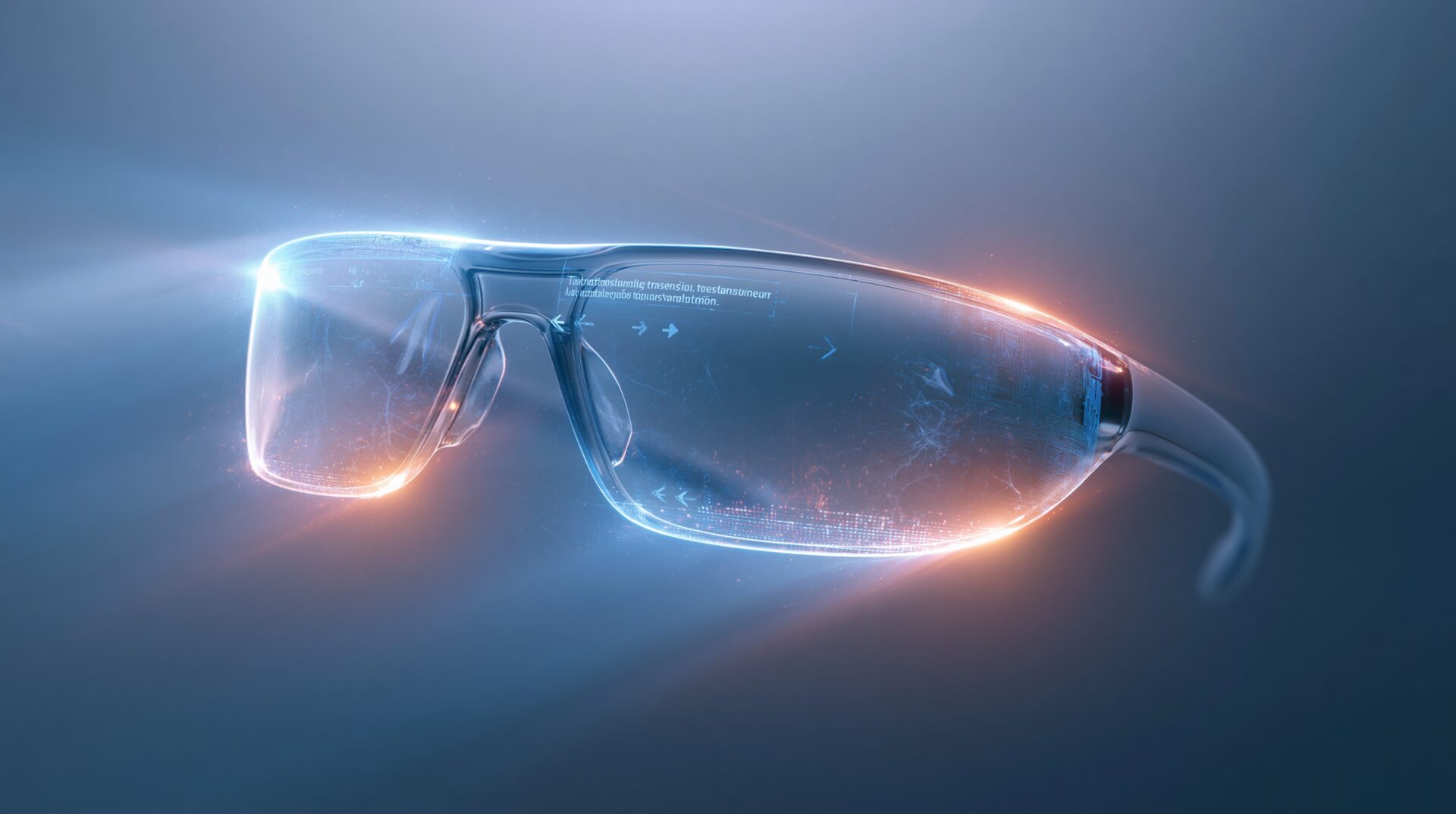 AI smart glasses concept: a sleek pair of futuristic smart glasses with glowing holographic AI data overlays