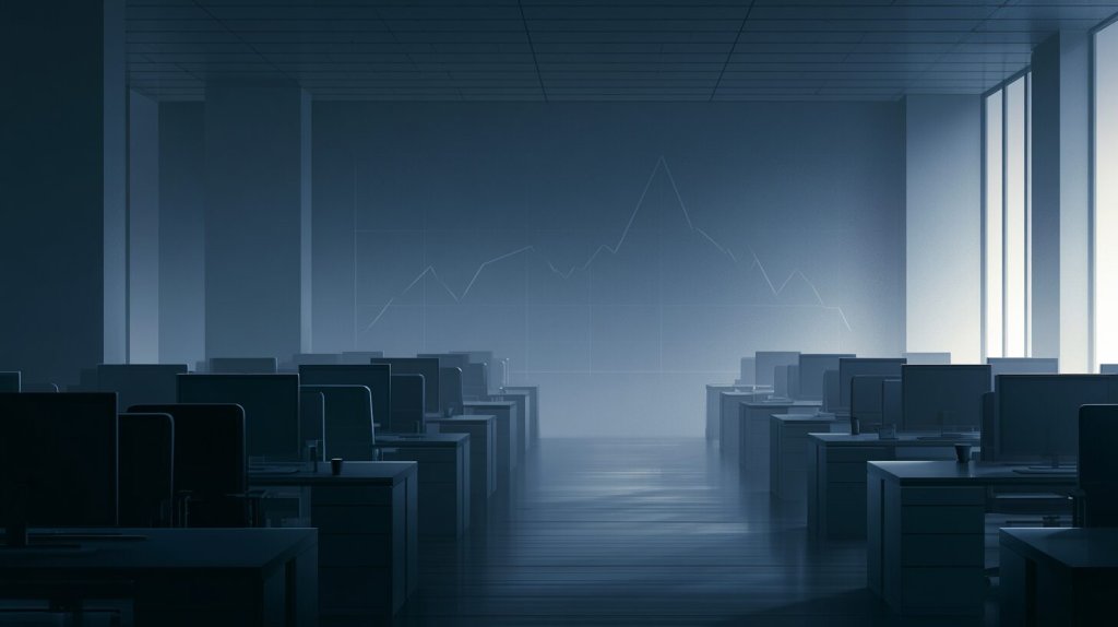 ai technology job cuts concept: empty open-plan office at dusk with rows of vacant desks and a faint downward-trending graph on the back wall