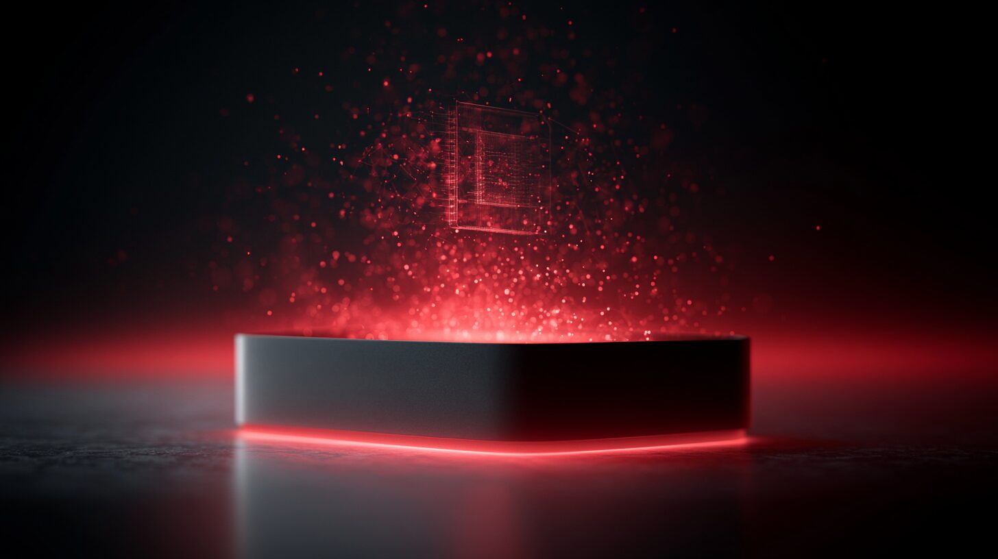amd ryzen ai halo launch concept: a matte-black AI mini-PC glowing with red rim light and floating chip particles on a dark studio backdrop