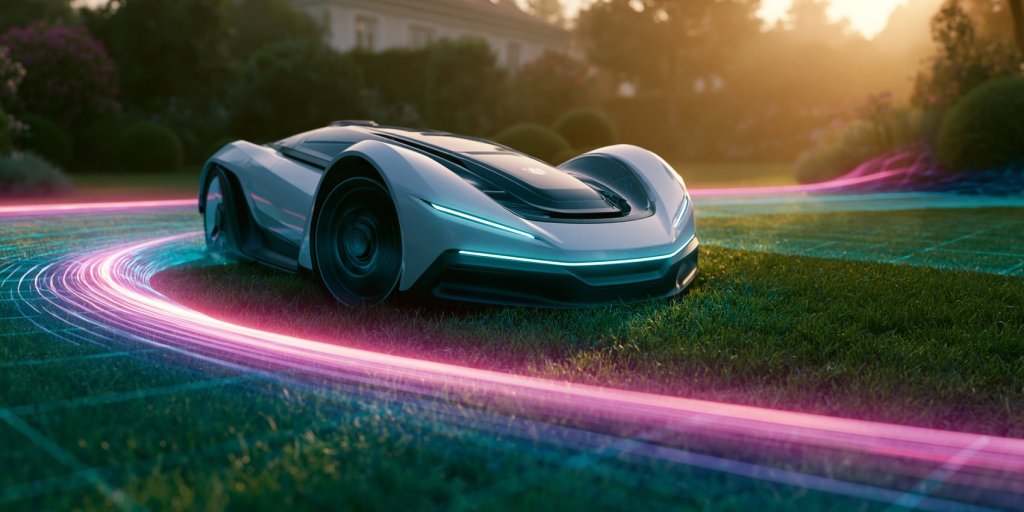best AI robot lawn mower: a futuristic robotic mower tracing neon paths across a lawn at dusk