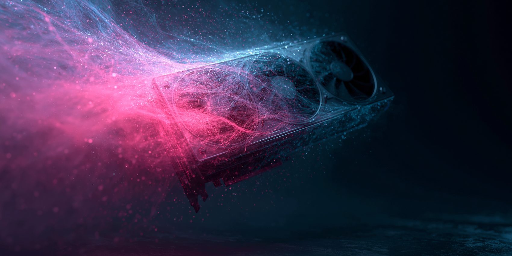 best GPU for AI concept: a graphics card dissolving into pink and blue neural particles