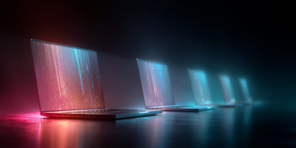 best laptop for ai development: a row of sleek gaming laptops glowing with neon AI light