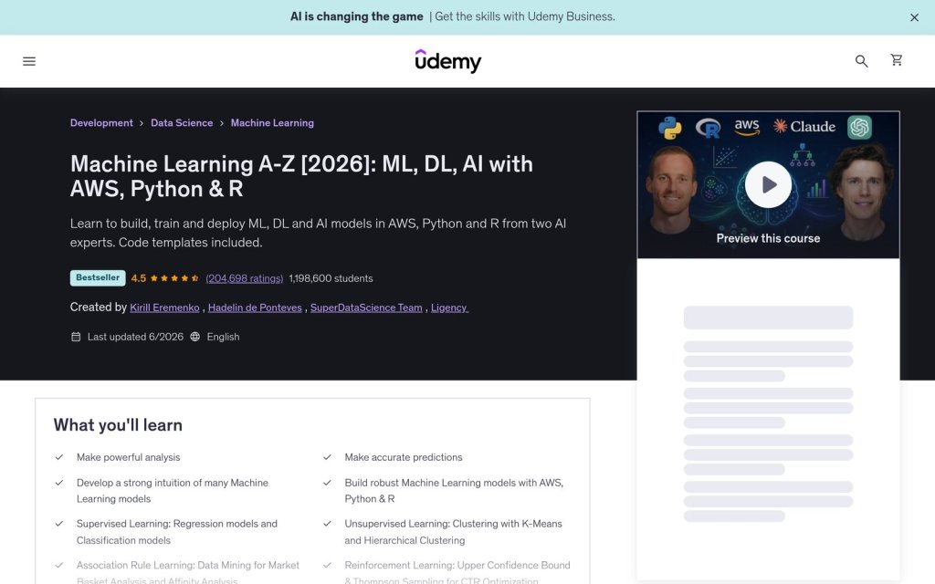Machine Learning A-Z, one of the best AI courses on Udemy, bestseller course page