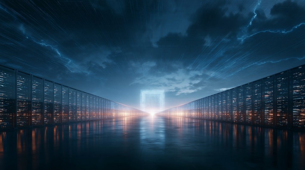 broadcom 35b ai infrastructure plan concept: a vast hyperscale data center corridor glowing at dusk