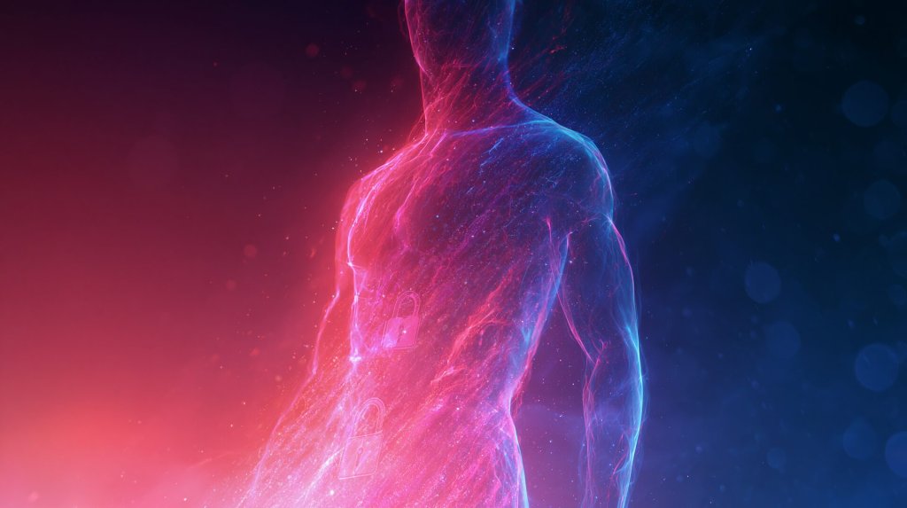 candy ai review: a translucent human figure formed from glowing pink and blue particles