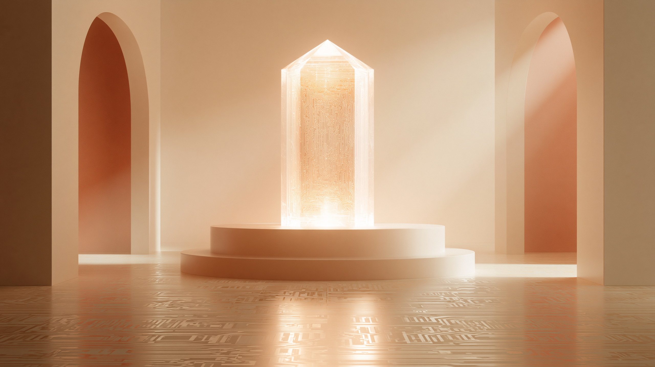 Claude Fable 5 concept: a glowing crystalline AI core on a pedestal in a warm minimal studio, Anthropic-style clay and cream tones