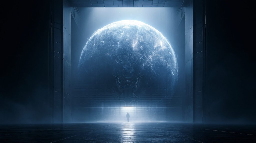 claude fable 5 shut down concept: a colossal AI neural sphere going dark in a vast data hall as a lone figure watches