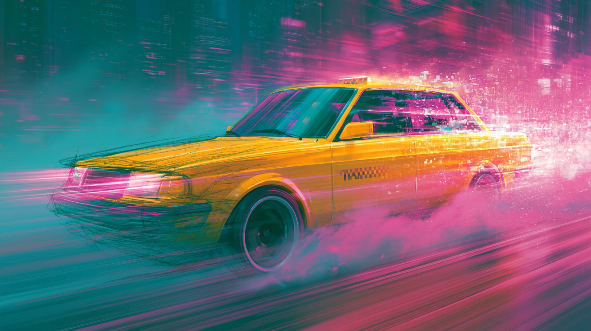 Crazy Taxi World Tour AI concept: a yellow arcade taxi speeding through a neon city