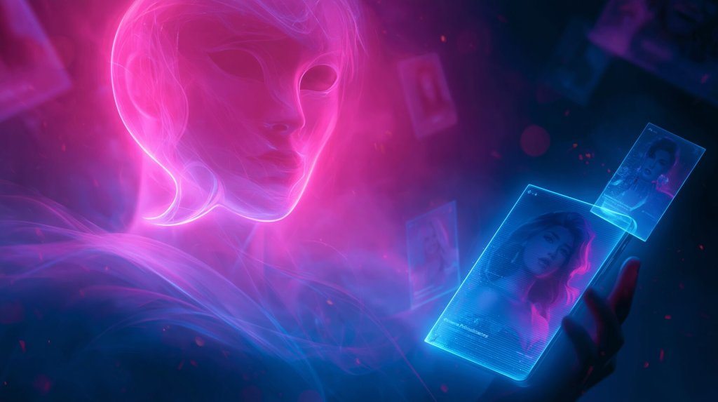 crushon ai review: a neon pink AI character face with floating roleplay character cards on a phone screen