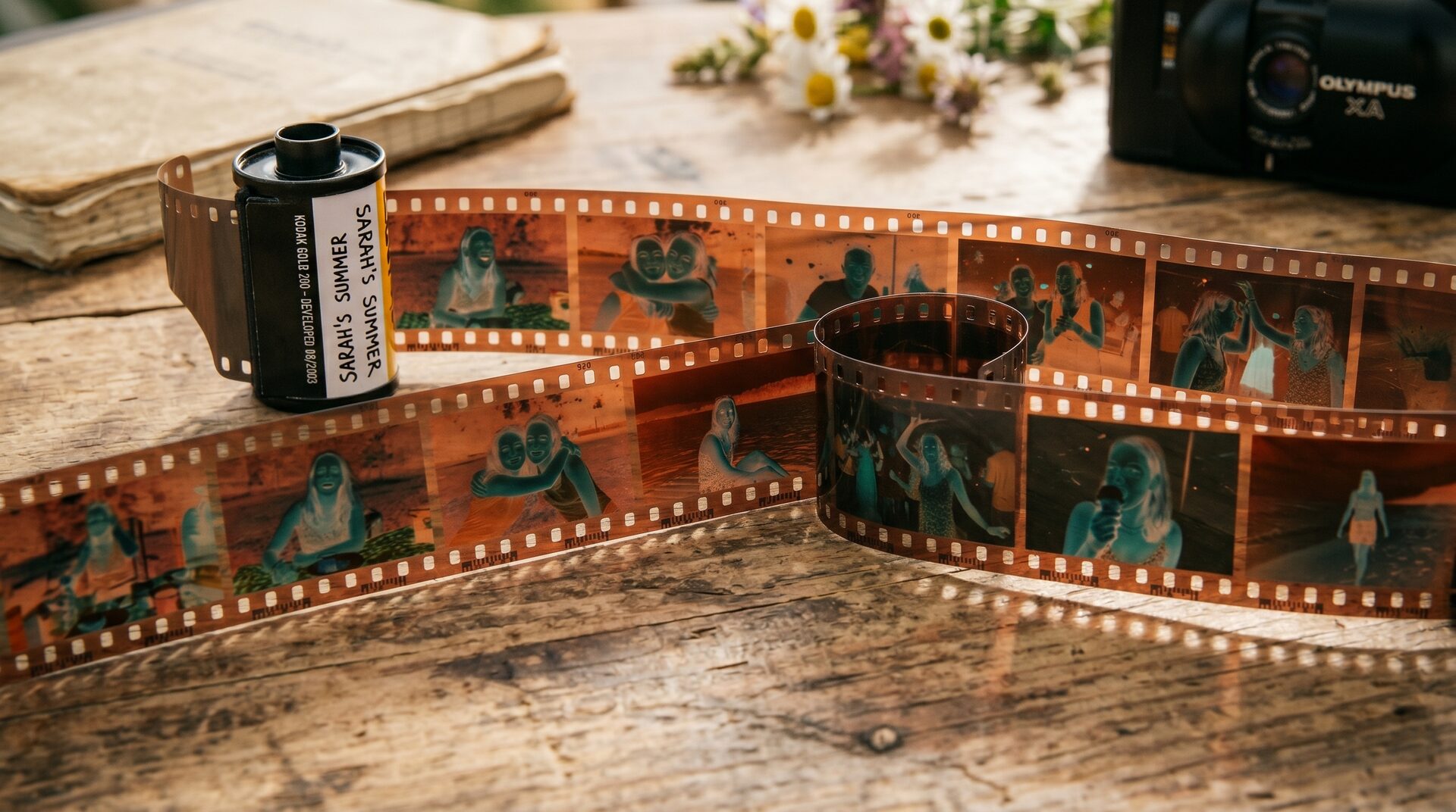 Disposable camera AI prompt result: a roll of 35mm film unspooled on a wooden table showing summer snapshots, beside a vintage Olympus camera and flowers