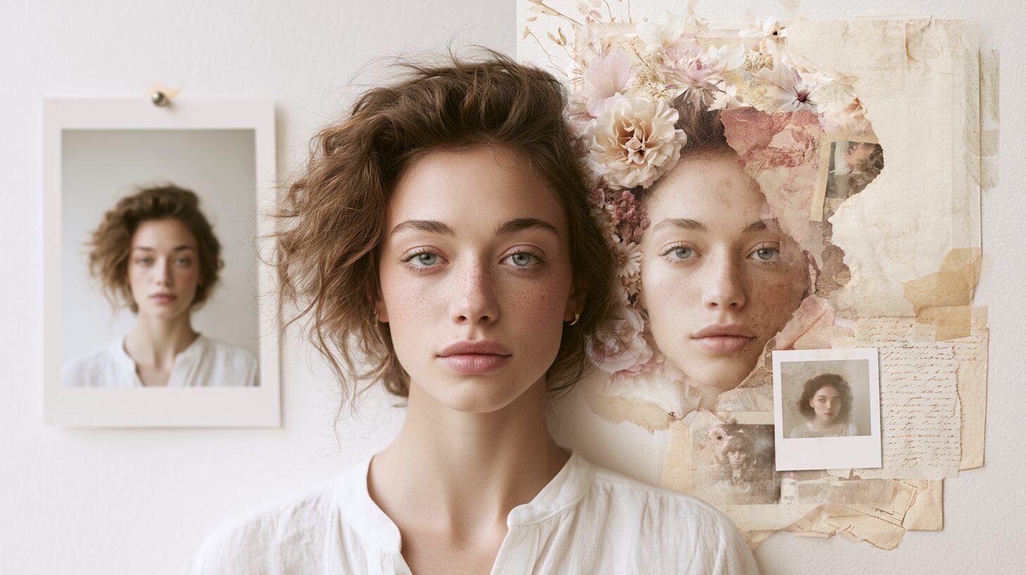 Dreamy scrapbook collage prompt result: a woman beside a soft floral collage moodboard