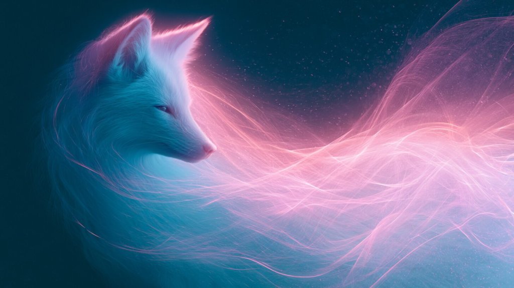 foxy ai review: an elegant white digital fox with flowing pink light trails on a deep blue background