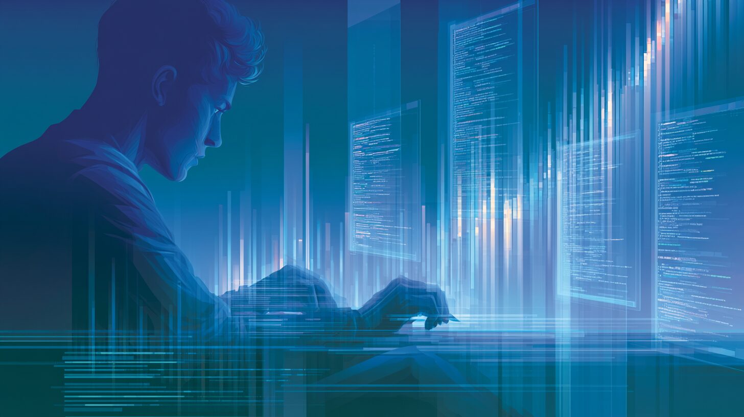 glm 5.2 concept: a developer coding at a laptop amid streams of glowing code, representing the GLM 5.2 open-weights coding model