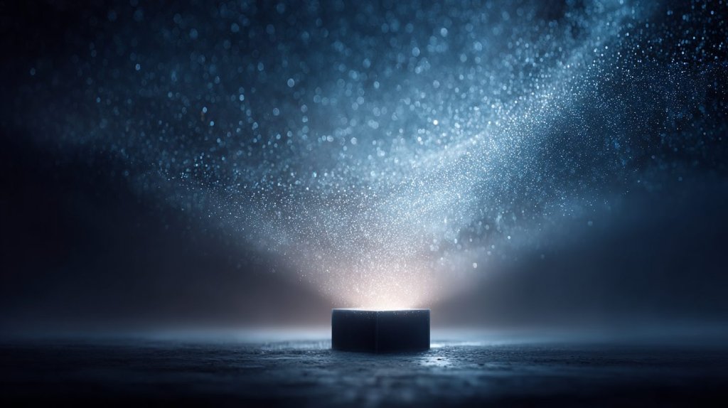 google gemma ai mini pc: a small mini PC radiating a glowing cloud of AI particles in a dark room