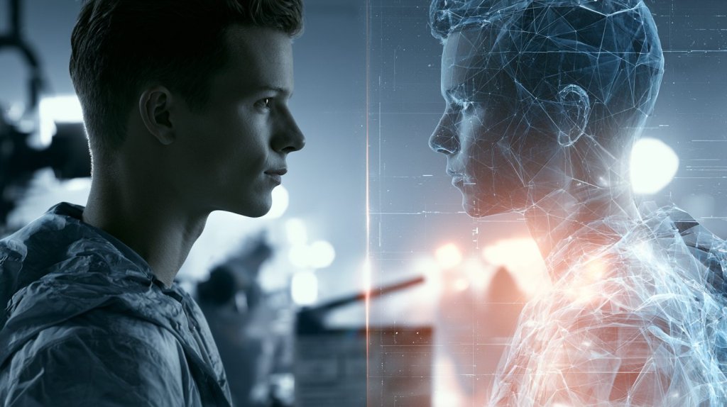 Hedra AI concept: a man face to face with his AI-generated digital character